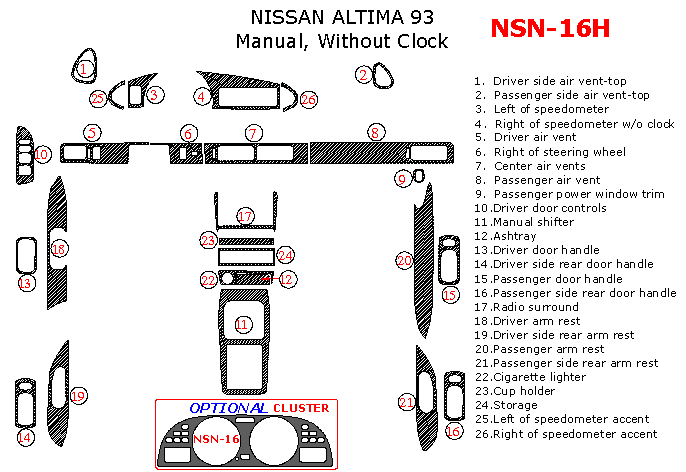 Nissan Altima 1993, Full Interior Kit, Manual, Without Clock, 26 Pcs. dash trim kits options