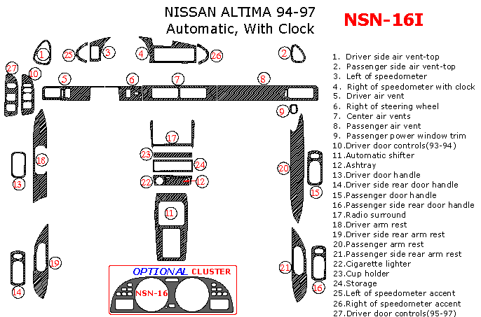 Nissan Altima 1994, 1995, 1996, 1997, Full Interior Kit, Automatic, With Clock, 27 Pcs. dash trim kits options