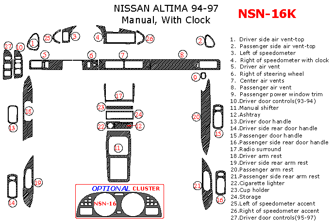 Nissan Altima 1994, 1995, 1996, 1997, Full Interior Kit, Manual, With Clock, 27 Pcs. dash trim kits options