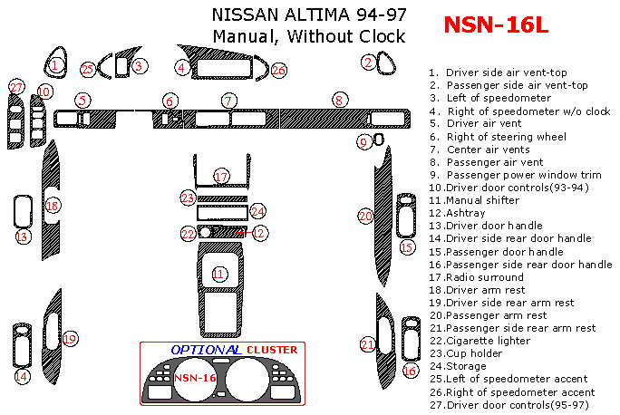 Nissan Altima 1994, 1995, 1996, 1997, Full Interior Kit, Manual, Without Clock, 27 Pcs. dash trim kits options