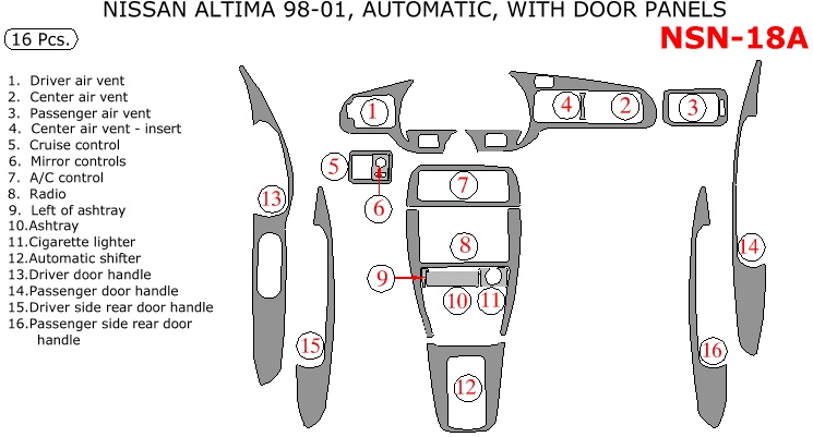 Nissan Altima 1998, 1999, 2000, 2001, Interior Dash Kit, Automatic, With Door Panels, 16 Pcs. dash trim kits options