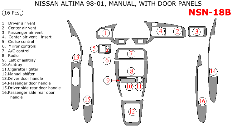 Nissan Altima 1998, 1999, 2000, 2001, Interior Dash Kit, Manual, With Door Panels, 16 Pcs. dash trim kits options