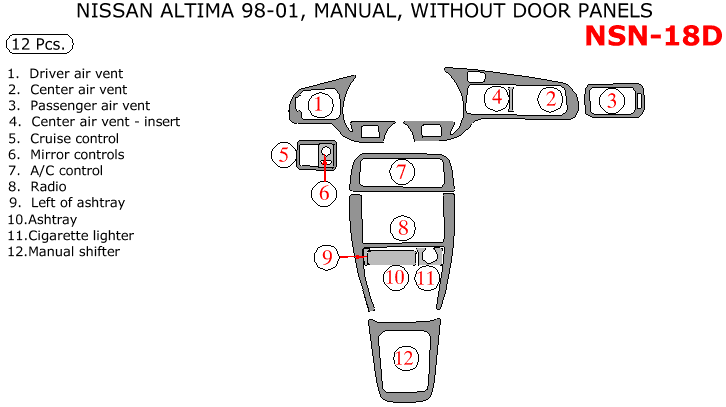 Nissan Altima 1998, 1999, 2000, 2001, Interior Dash Kit, Manual, Without Door Panels,12 Pcs. dash trim kits options