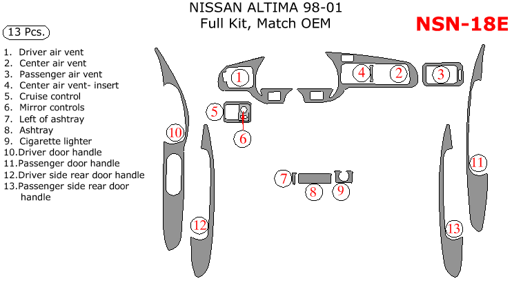 Nissan Altima 1998, 1999, 2000, 2001, Full Interior Kit, OEM Match, 13 Pcs. dash trim kits options