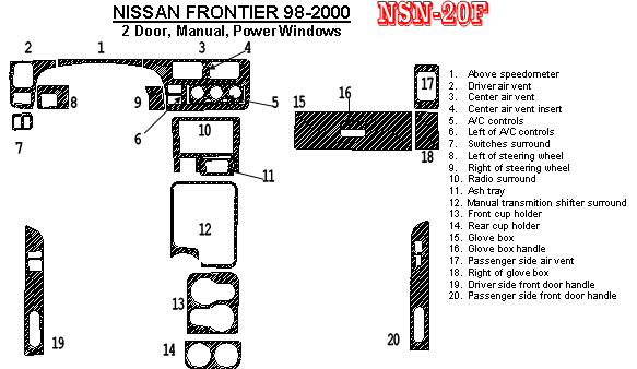 Nissan Frontier 1998, 1999, 2000, Interior Dash Kit, Manual, 2 Door, With Power Windows, 20 Pcs. dash trim kits options