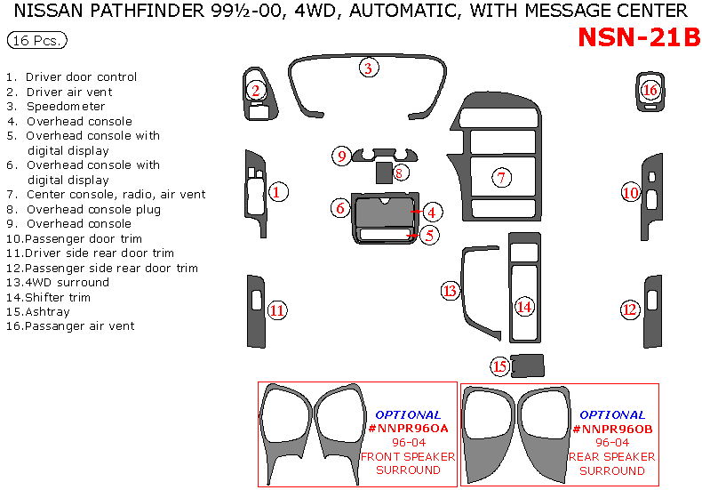 Nissan Pathfinder 1999.5-2000, Interior Dash Kit, Automatic, With Message Center, 4WD, 16 Pcs. dash trim kits options