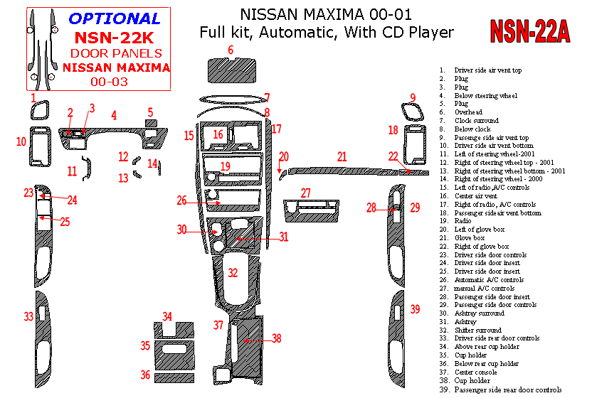 Nissan Maxima 2000-2001, Full Interior Kit, Automatic, Radio With CD Player, 39 Pcs. dash trim kits options