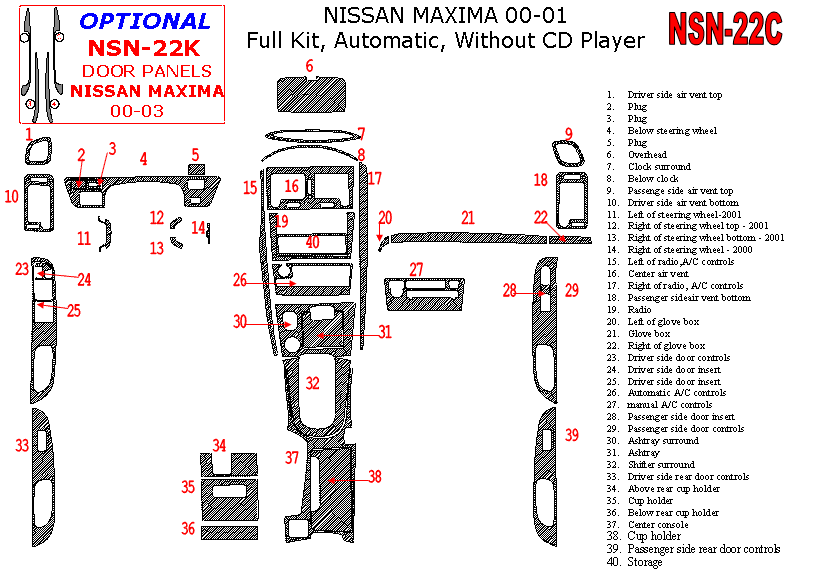 Nissan Maxima 2000-2001, Full Interior Kit, Automatic, Radio Without CD Player, 40 Pcs. dash trim kits options