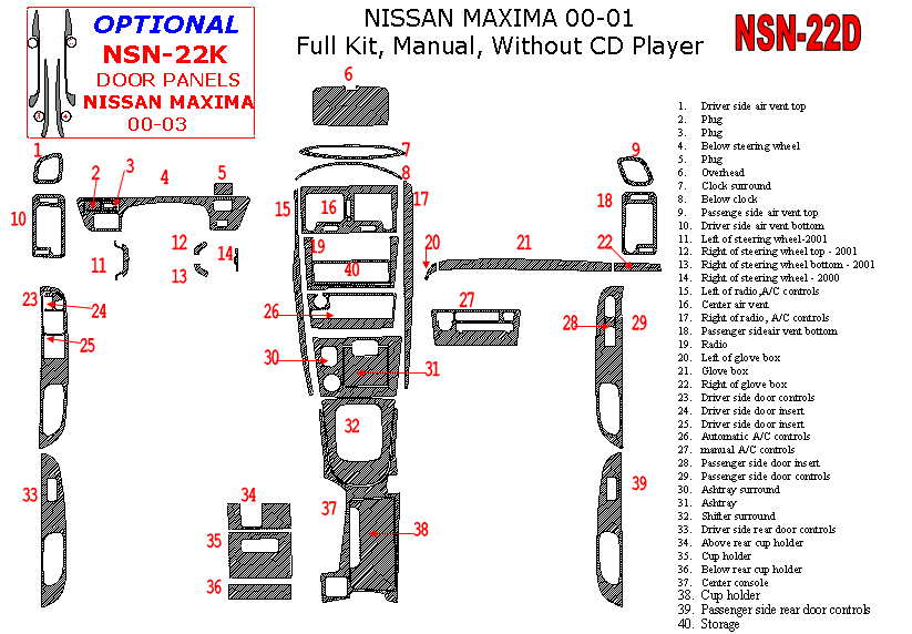 Nissan Maxima 2000-2001, Full Interior Kit, Manual, Radio Without CD Player, 40 Pcs. dash trim kits options