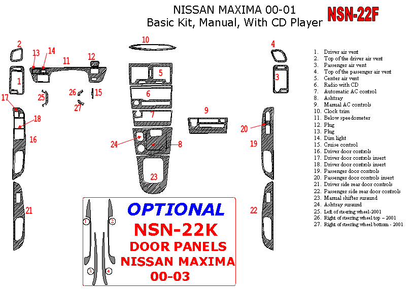 Nissan Maxima 2000-2001, Basic Interior Kit, Manual, Radio With CD Player, 27 Pcs. dash trim kits options