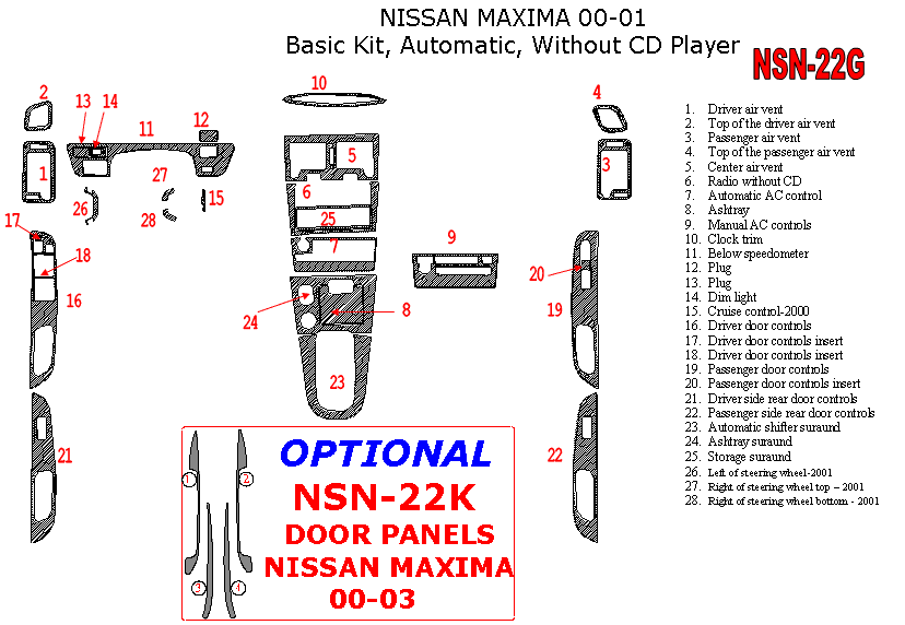 Nissan Maxima 2000-2001, Basic Interior Kit, Automatic, Radio Without CD Player, 28 Pcs. dash trim kits options