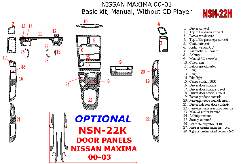 Nissan Maxima 2000-2001, Basic Interior Kit, Manual, Radio Without CD Player, 28 Pcs. dash trim kits options