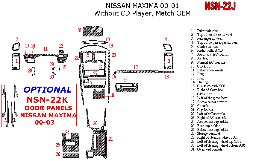 Nissan Maxima 2000-2001, Full Interior Kit, Automatic, Radio Without CD Player, 31 Pcs., Match OEM dash trim kits options