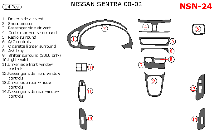 Nissan Sentra 2000, 2001, 2002, Full Interior Kit, 14 Pcs. dash trim kits options