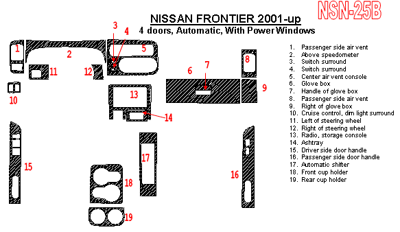 Nissan Frontier 2001, Interior Dash Kit, Automatic, 4 Door, With Power Windows, 19 Pcs. dash trim kits options
