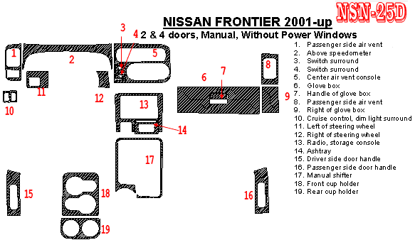 Nissan Frontier 2001, Interior Dash Kit, Manual, 2 & 4 Door, Without Power Windows, 19 Pcs. dash trim kits options