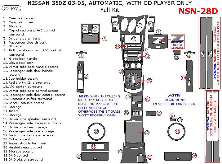 Nissan 350Z 2003, 2004, 2005, Full Interior Kit, Automatic, With CD Player Only, 33 Pcs. dash trim kits options