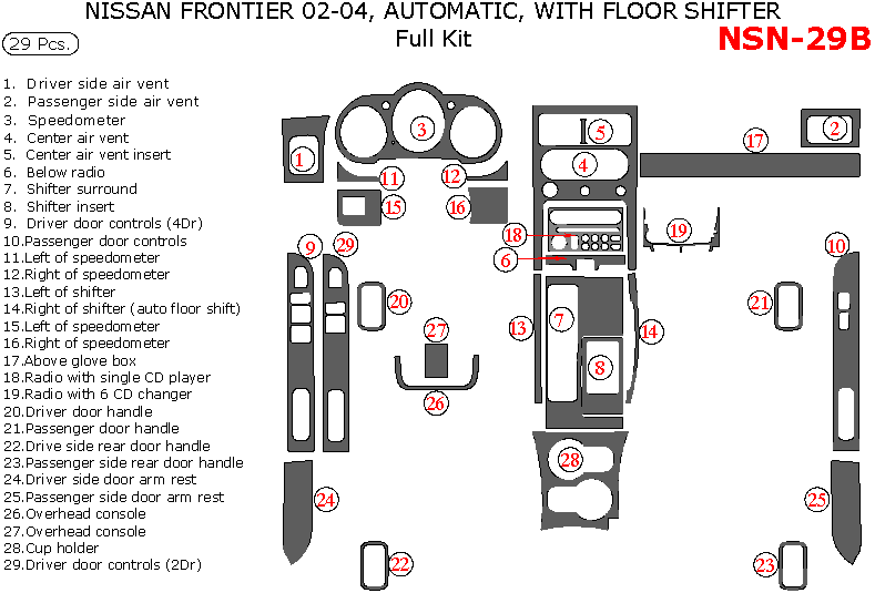 Nissan Frontier 2002, 2003, 2004, Automatic, With Floor Shifter, Full Interior Kit, 29 Pcs. dash trim kits options