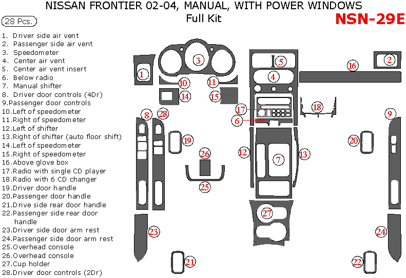 Nissan Frontier 2002, 2003, 2004, Manual, With Power Windows, Full Interior Kit, 28 Pcs. dash trim kits options