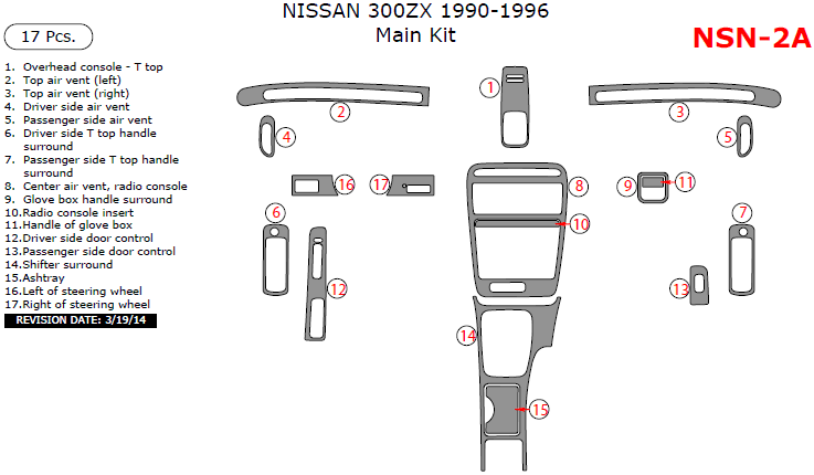 Nissan 300ZX 1990, 1991, 1992, 1993, 1994, 1995, 1996, Main Interior Kit, 17 Pcs. dash trim kits options