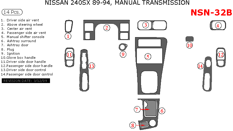 Nissan 240sx 1989 1990 1991 1992 1993 1994 Interior Dash Kit Manual Transmission 14 Pcs