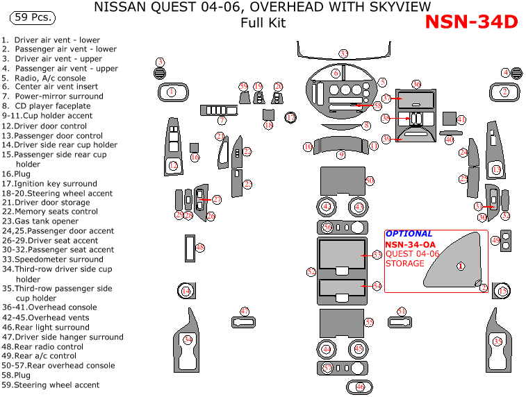 Nissan Quest 2004, 2005, 2006, Full Interior Kit, With SkyView, 59 Pcs. dash trim kits options