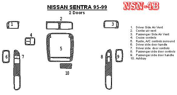 Nissan Sentra 1995, 1996, 1997, 1998, 1999, Interior Dash Kit, 2 Door, 10 Pcs. dash trim kits options