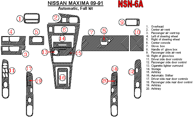Nissan Maxima 1989, 1990, 1991, Full Interior Kit, Automatic, 20 Pcs. dash trim kits options