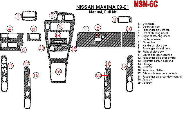 Nissan Maxima 1989, 1990, 1991, Full Interior Kit, Manual, 20 Pcs. dash trim kits options
