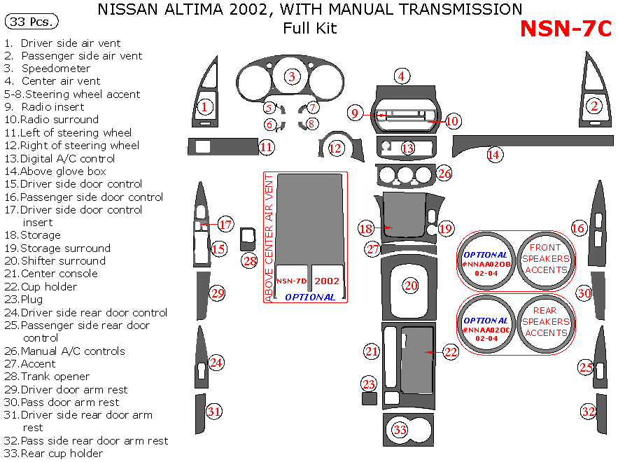 Nissan Altima 2002, Full Interior Kit, Manual, 33 Pcs. dash trim kits options