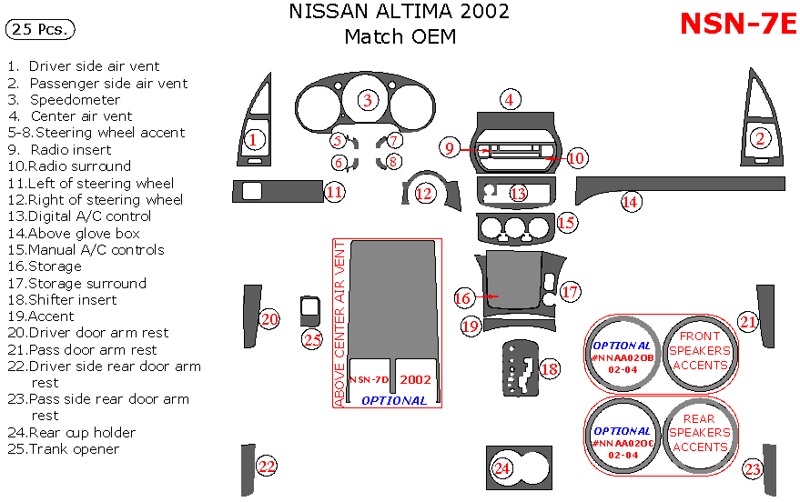 Nissan Altima 2002, Full Interior Kit, 25 Pcs., Match OEM dash trim kits options