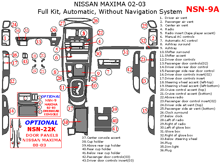 Nissan Maxima 2002-2003, Full Interior Kit, Automatic, Without Navigation System, 43 Pcs. dash trim kits options