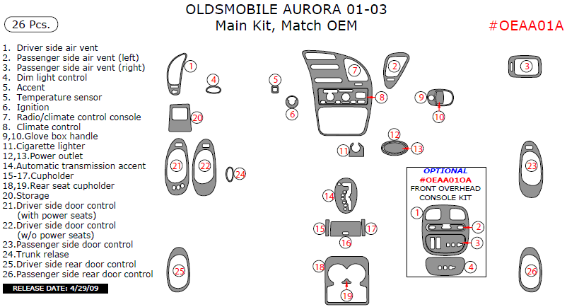 Oldsmobile Aurora 2001, 2002, 2003, Main Interior Kit, 26 Pcs., Match OEM dash trim kits options