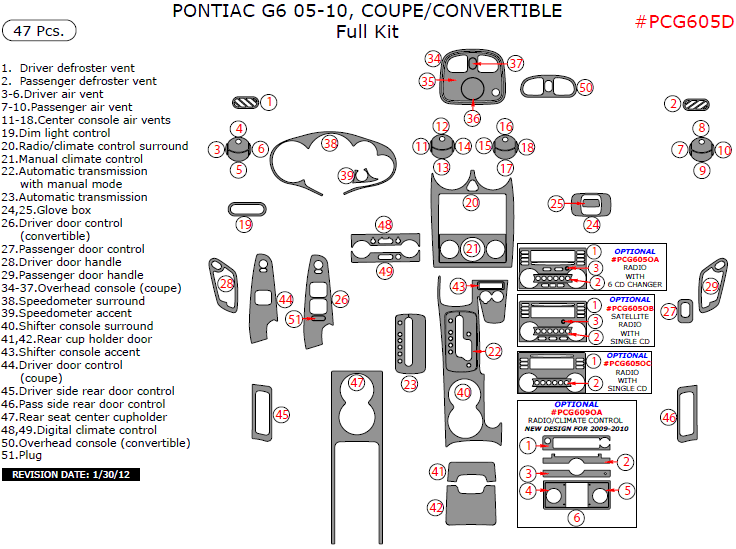 Pontiac G6 2005, 2006, 2007, 2008, 2009, 2010, Coupe/Convertible, Full Interior Kit, 47 Pcs. dash trim kits options