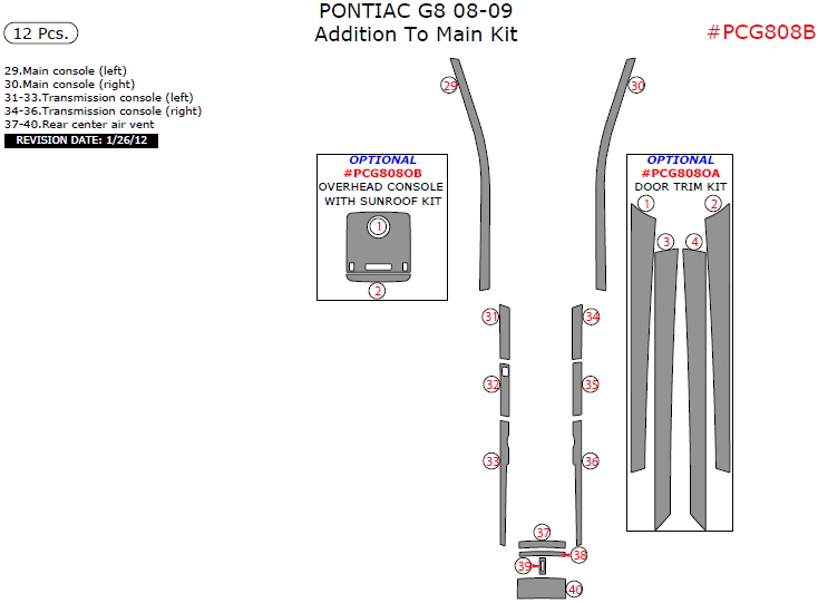 Pontiac G8 2008-2009, Addition To Main Interior Kit, 12 Pcs. dash trim kits options