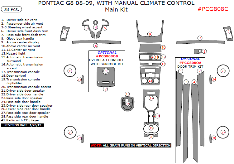 Pontiac G8 2008-2009, With Manual Climate Control, Main Interior Kit, 28 Pcs. dash trim kits options