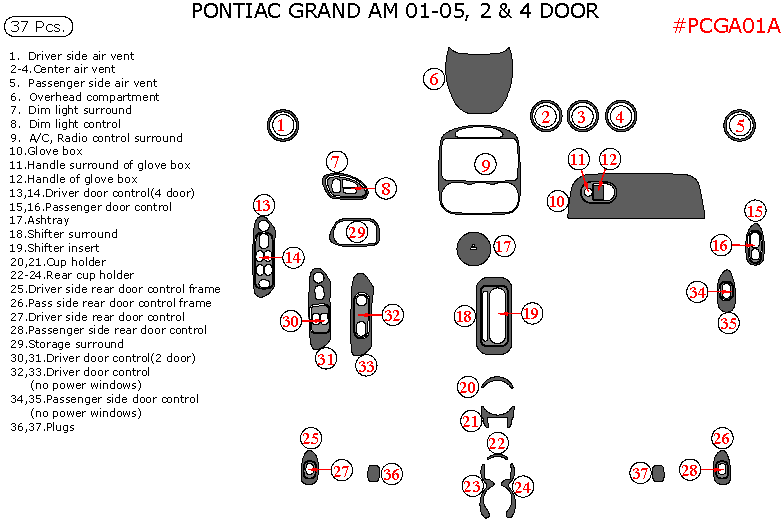 Pontiac Grand Am 2001, 2002, 2003, 2004, 2005, Interior Dash Kit, 2 & 4 Door, 37 Pcs. dash trim kits options