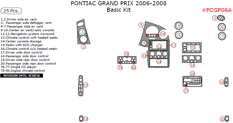 Pontiac Grand Prix 2006, 2007, 2008, Basic Interior Kit, 25 Pcs. dash trim kits options