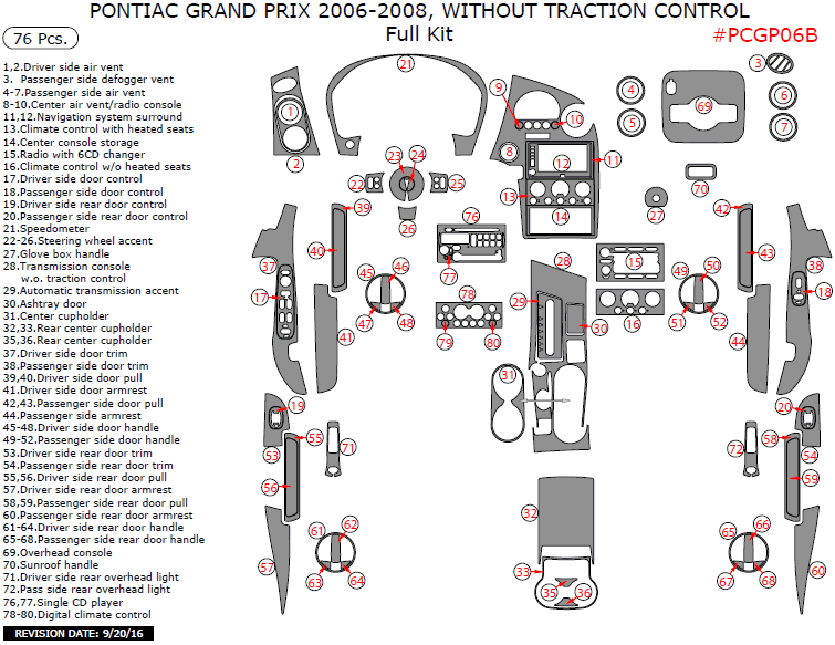 Pontiac Grand Prix 2006, 2007, 2008, Without Traction Control, Full Interior Kit, 76 Pcs. dash trim kits options