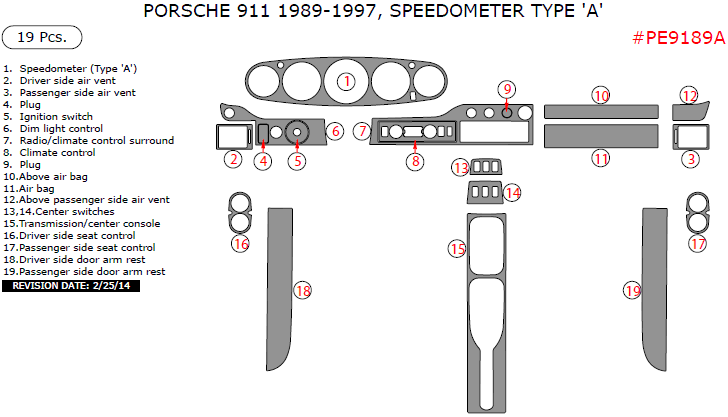 Porsche 911 1989, 1990, 1991, 1992, 1993, 1994, 1995, 1996, 1997, Interior Dash Kit, Speedometer Type 'A', 19 Pcs. dash trim kits options