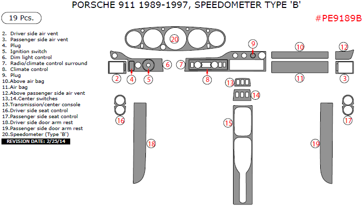 Porsche 911 1989, 1990, 1991, 1992, 1993, 1994, 1995, 1996, 1997, Interior Dash Kit, Speedometer Type 'B', 19 Pcs. dash trim kits options