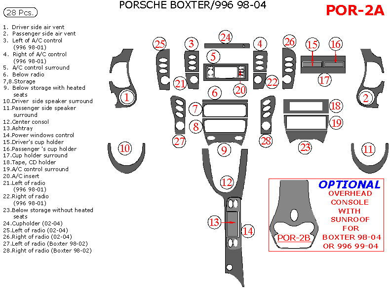 Porsche 996 1998, 1999, 2000, 2001, 2002, 2003, 2004, Porsche Boxter 1998, 1999, 2000, 2001, 2002, 2003, 2004, Full Interior Kit, 28 Pcs. dash trim kits options