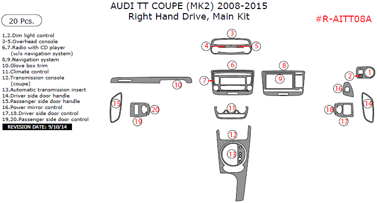 Audi TT 2008, 2009, 2010, 2011, 2012, 2013, 2014, 2015, Right Hand Drive, Main Interior Kit (Coupe Only), 20 Pcs. dash trim kits options
