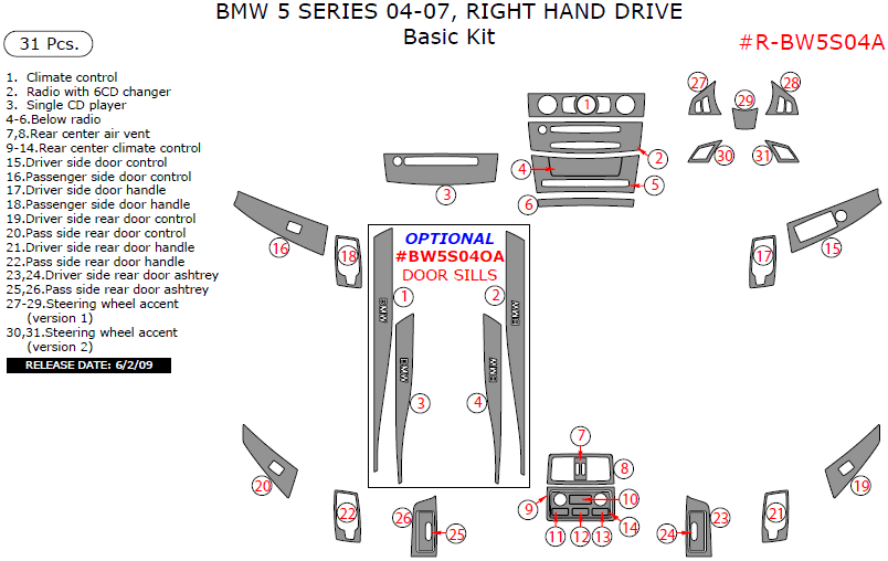BMW 5 Series 2004, 2005, 2006, 2007, Right Hand Drive, Basic Interior Kit, 31 Pcs. dash trim kits options