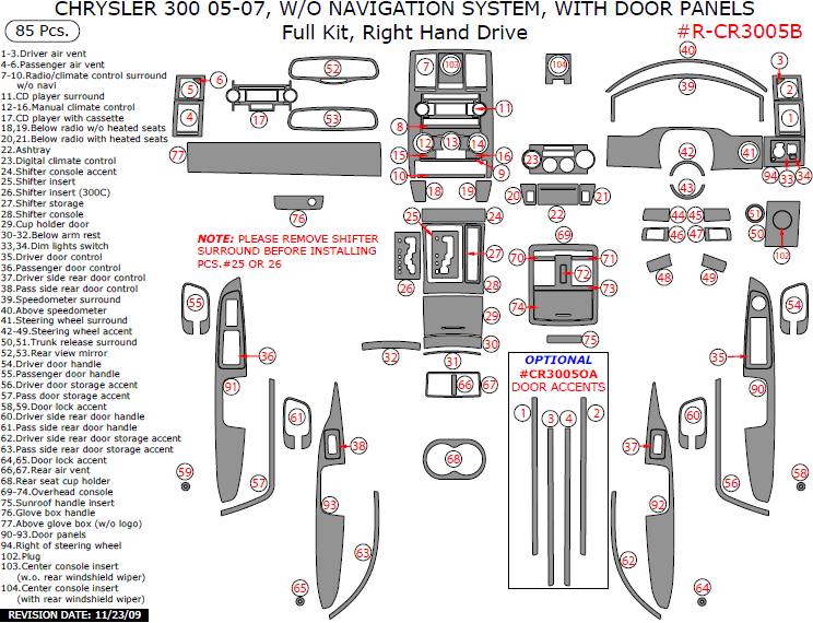 Chrysler 300 2005, 2006, 2007, Right Hand Drive, W/o Navigation System, With Door Panels, Full Interior Kit, 85 Pcs. dash trim kits options