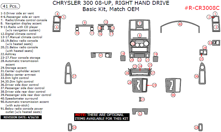 Chrysler 300 2008, 2009, 2010, Right Hand Drive, Basic Interior Kit, 41 Pcs., Match OEM dash trim kits options
