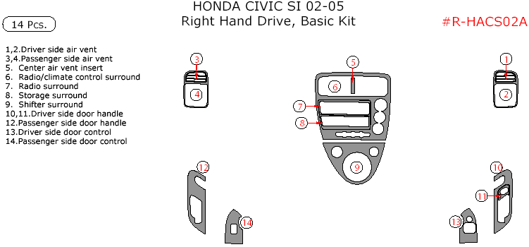 Honda Civic Si 2002, 2003, 2004, 2005, Right Hand Drive, Basic Interior Kit, 14 Pcs. dash trim kits options