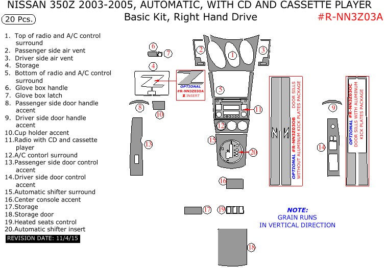 Nissan 350Z 2003, 2004, 2005 (Right Hand Drive), Basic Interior Kit, Automatic, With CD and Cassette Player, 20 Pcs. dash trim kits options