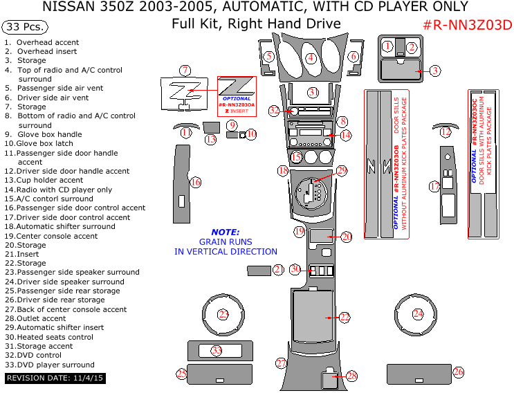 Nissan 350Z 2003, 2004, 2005 (Right Hand Drive), Full Interior Kit, Automatic, With CD Player Only, 33 Pcs. dash trim kits options
