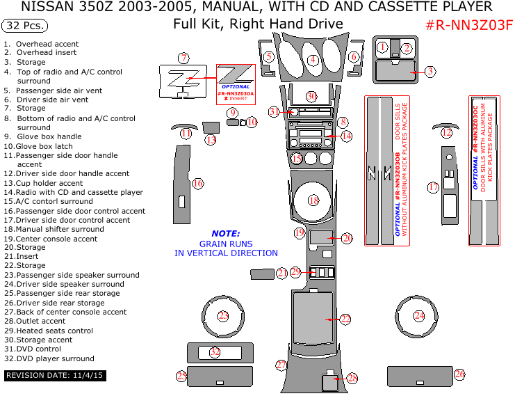 Nissan 350Z 2003, 2004, 2005 (Right Hand Drive), Full Interior Kit, Manual, With CD and Cassette Player, 32 Pcs. dash trim kits options